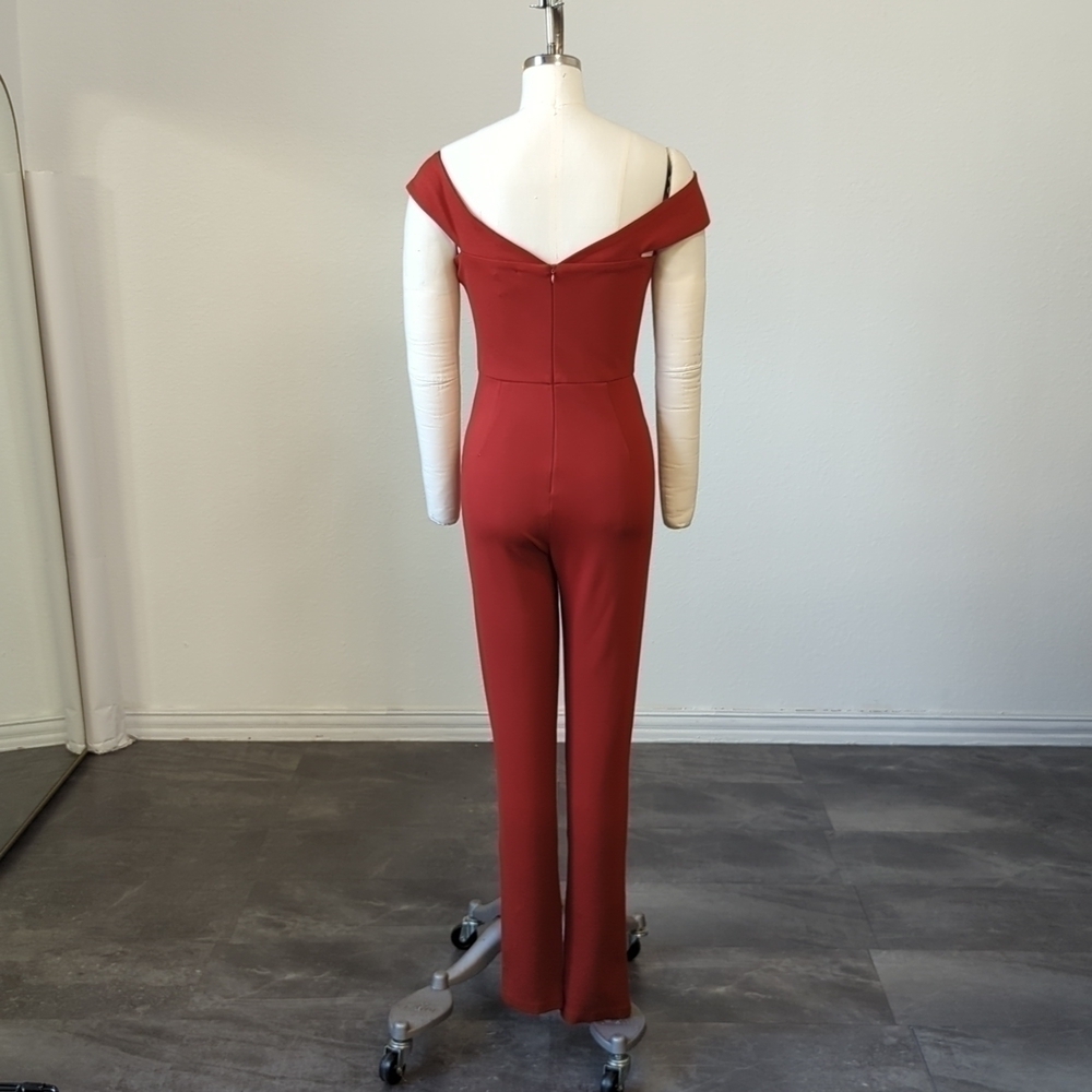 Miss Circle Off Shoulder Slim Leg Knit Jumpsuit Red Brown M party cocktail - Picture 2 of 9
